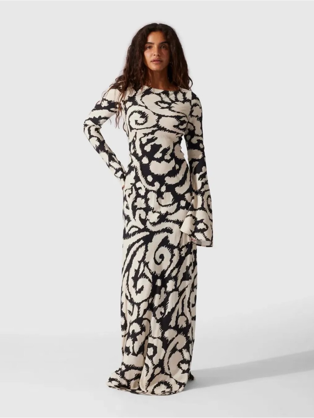 The Wolf Gang Santa Elena Maxi Dress Ikat Print Black Cream Boho Linen Blend 2x